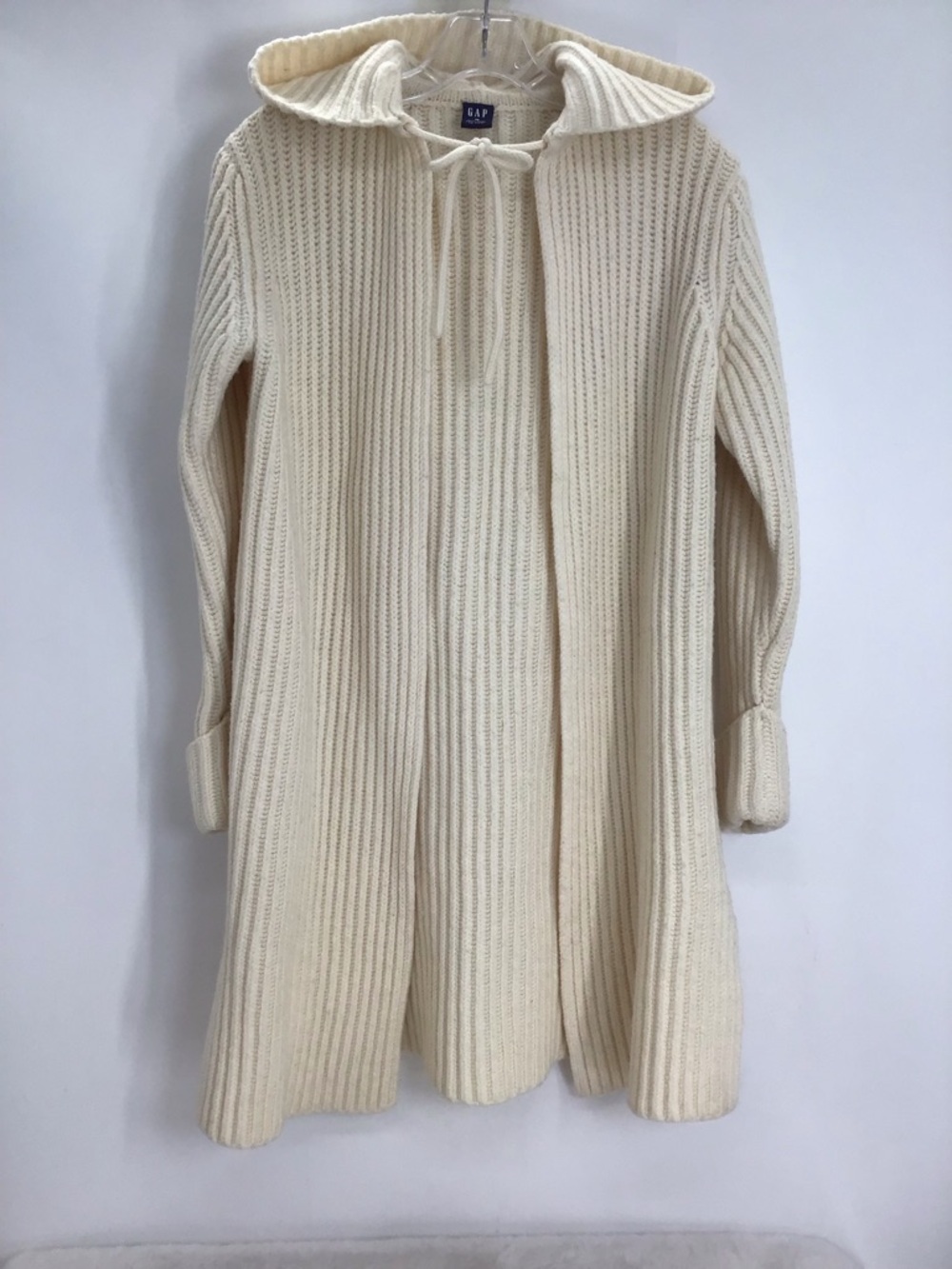 GAP Y2K Vintagae Wool Blend Chunky Knit Long Hooded Cardigan Ivory Size Medium